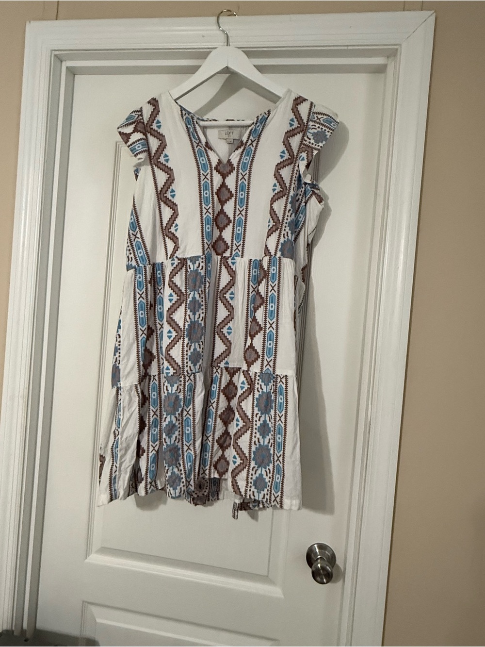 LOFT White Mini Dress with Blue and Brown Embroidered Print